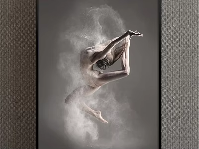 Framed Figurative Painting Of Dancer In Dynamic Pose With White Powder And Gray Background 3d model