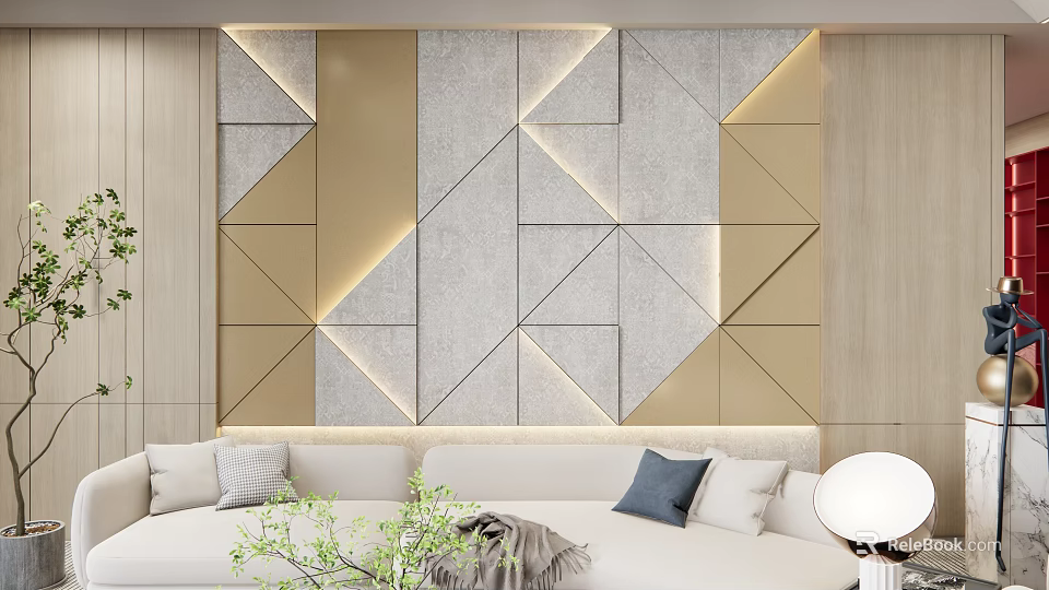 Modern Sofa Backdrop Wall with Geometric Gray Gold Panels and Lighting Strips 3d model 
