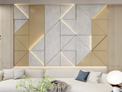 Modern Sofa Backdrop Wall with Geometric Gray Gold Panels and Lighting Strips 3d model