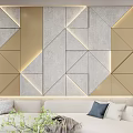 Modern Sofa Backdrop Wall with Geometric Gray Gold Panels and Lighting Strips 3d model