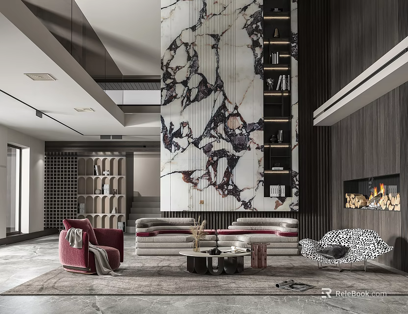Duplex Living Room Interior With Marble Accent Wall Bookshelves And Fireplace 3d model 