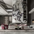 Duplex Living Room Interior With Marble Accent Wall Bookshelves And Fireplace