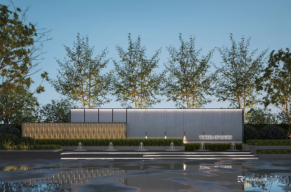 Modern Outdoor Landscape Feature Wall With Trees Water Pool Lighting And Reflection 3d model 