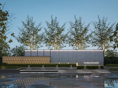 Modern Outdoor Landscape Feature Wall With Trees Water Pool Lighting And Reflection 3d model