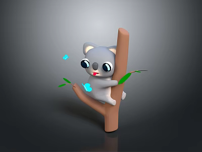 Cute Cartoon Koala Clinging To Tree Trunk With Small Blue Leaves 3d model