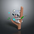 Cute Cartoon Koala Clinging To Tree Trunk With Small Blue Leaves