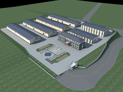 Industrial Factory Complex Layout With Multiple Buildings Green Area And Central Courtyard 3d model