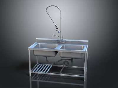 Kitchen Interior Design Featuring Stainless Steel Double Sink With Pull Out Faucet And Metal Stand 3d model