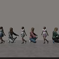 Women and Children Squatting Holding Hands in a Line Against Gray Wall and Floor
