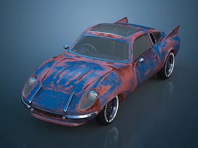 Rusty Vintage Sports Car With Red Blue Weathered Body And Custom Wheels 3d model