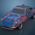 Rusty Vintage Sports Car With Red Blue Weathered Body And Custom Wheels