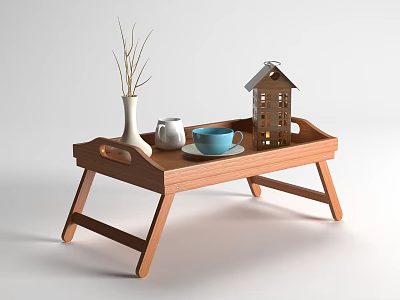 Wooden Side Table With Vase Teapot Blue Cup And Small House Model Decor 3d model