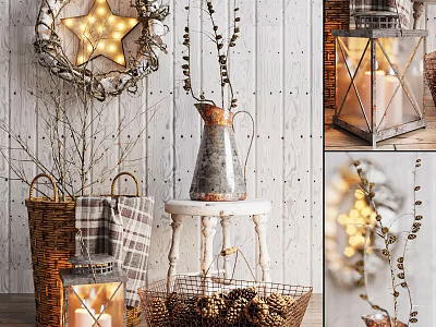 Cozy Rustic Decorative Ornament Set with Star Wreath Lantern Pine Cones Metal Pitcher and Twigs 3d model