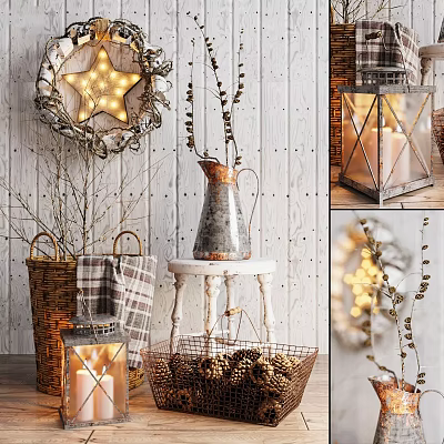 Cozy Rustic Decorative Ornament Set with Star Wreath Lantern Pine Cones Metal Pitcher and Twigs 3d model