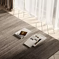 Gray Woven Square Area Rug With Magazines On Wooden Floor By Curtains In Natural Light