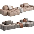 Modern Modular Sectional Sofa With Plush Cushions And Throw Blanket In Neutral Tones 3d model