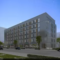 Modern Office Building Exterior With Glass Windows Greenery And Urban Street View