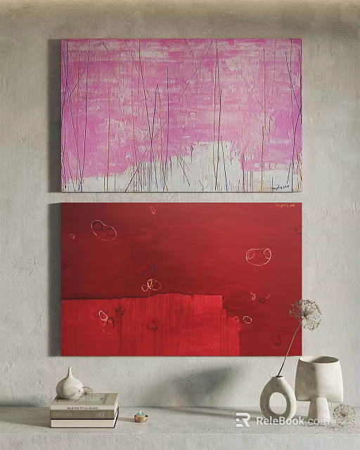 Abstract Wall Art Paintings with Pink White Textured and Red Circular Patterns Decor 3d model