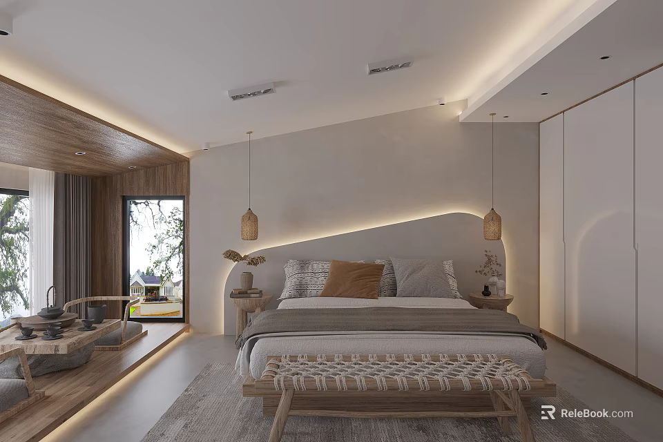 Modern Hotel Room Interior With Wooden Elements Bedside LED Lighting And Floor to Ceiling Window 3d model