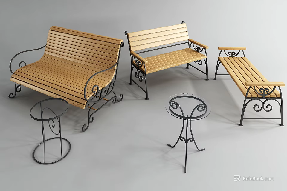 Outdoor Wooden Seats Metal Frame Chairs With Curved Legs And Matching Stools 3d model 