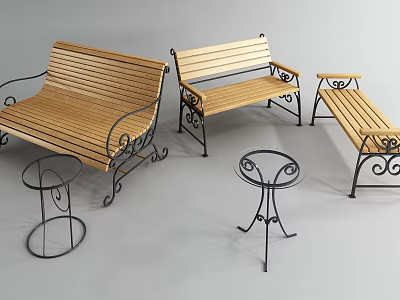 Outdoor Wooden Seats Metal Frame Chairs With Curved Legs And Matching Stools 3d model