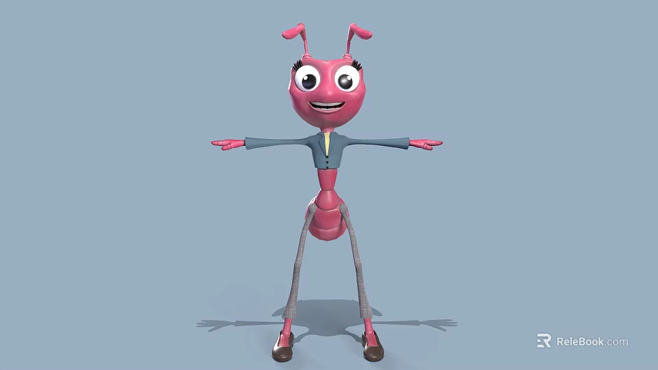 Pink Cartoon Ant With Big Eyes Smiling And Outstretched Arms In Blue Top 3d model 