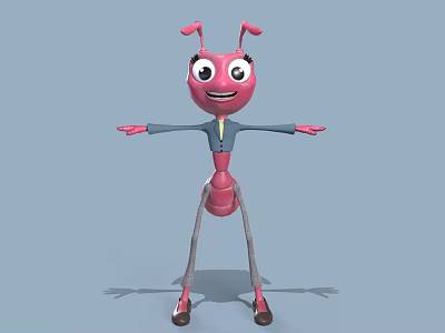Pink Cartoon Ant With Big Eyes Smiling And Outstretched Arms In Blue Top 3d model