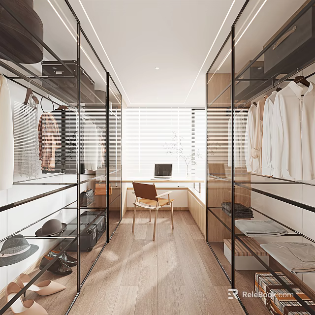 Modern Walk in Closet Interior With Glass Doors Hanging Clothes And Wooden Floor 3d model 