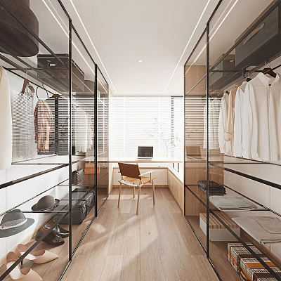 Modern Walk in Closet Interior With Glass Doors Hanging Clothes And Wooden Floor 3d model