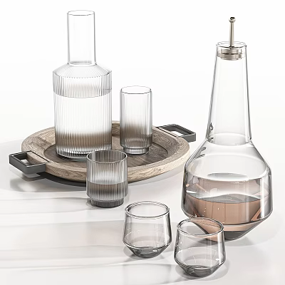 Clear Glass Cups and Bottles on Wooden Tray for Kitchen Table 3d model