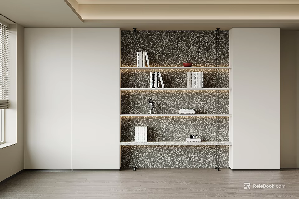 Modern Bookshelf With Multiple Shelves Books And Decorative Items In Interior Design 3d model 