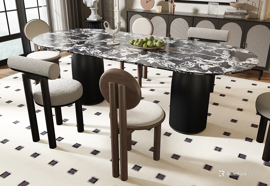 Modern Dining Table With Chairs Featuring Marble Tabletop Black Legs And Wooden Gray Padded Seats 3d model 