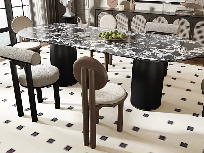 Modern Dining Table With Chairs Featuring Marble Tabletop Black Legs And Wooden Gray Padded Seats 3d model