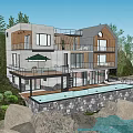Modern Guesthouse Building Featuring Wooden Gray Exterior Large Windows Balconies and Swimming Pool with Greenery