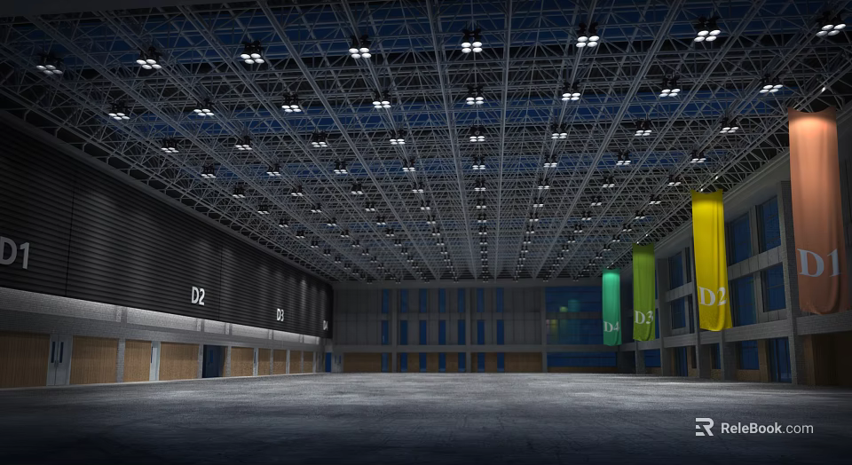 Large Indoor Venue Featuring High Ceiling Metal Frames Colored Banners D2 And 125 3d model 