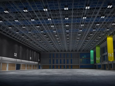 Large Indoor Venue Featuring High Ceiling Metal Frames Colored Banners D2 And 125 3d model