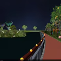 Tranquil Night Park Landscape With River Red Pathway Illuminated Trees And Lotus Structures