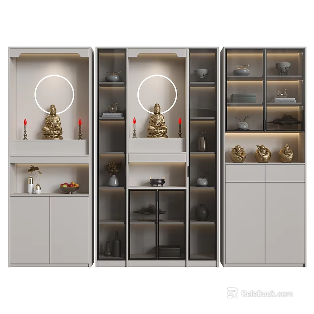 Modern Buddhist Shrine Cabinet With Open Closed Shelves Golden Buddha Statue And Decorative Items 3d model 
