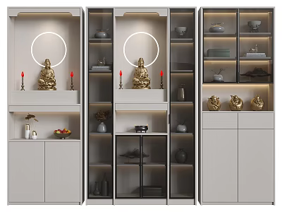 Modern Buddhist Shrine Cabinet With Open Closed Shelves Golden Buddha Statue And Decorative Items 3d model