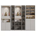 Modern Buddhist Shrine Cabinet With Open Closed Shelves Golden Buddha Statue And Decorative Items