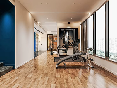 Spacious Modern Entertainment Room with Wooden Flooring Large Windows and Fitness Equipment 3d model