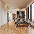 Spacious Modern Entertainment Room with Wooden Flooring Large Windows and Fitness Equipment