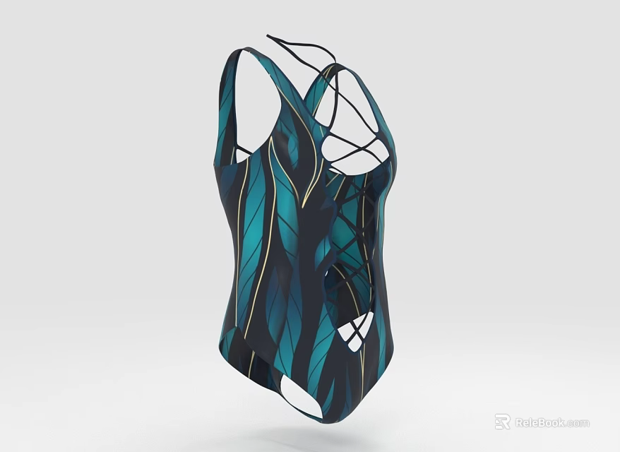Stylish One Piece Swimsuit With Teal Black Feather Pattern And Cut Out Details 3d model 