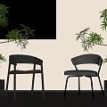 Modern Single Chairs With Black Frame Wooden Seat And Metal Legs In Green Plant Decor