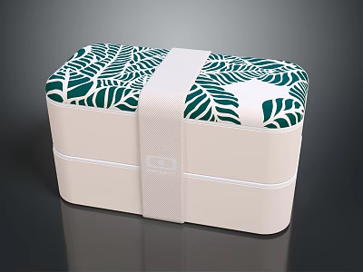 Display Shelf With Double Layer Bento Box Featuring Green Leaf Pattern And White Strap 3d model