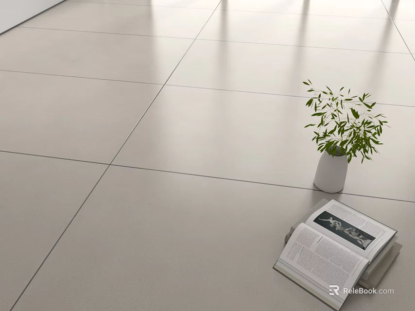 Light Beige Floor Tiles With Glossy Surface And Potted Plant Nearby 3d model 