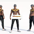 Game Movie Character Gray Hair Ornamental Chest Tattoos Black Pants White Shoes Three Angles View