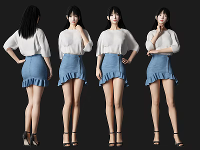 Stylish Female Character Poses In White Top Blue Ruffled Skirt And High Heels Four Angles 3d model