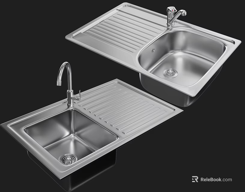 Durable Modern Stainless Steel Kitchen Sink With Drainboard And Faucet 3d model 