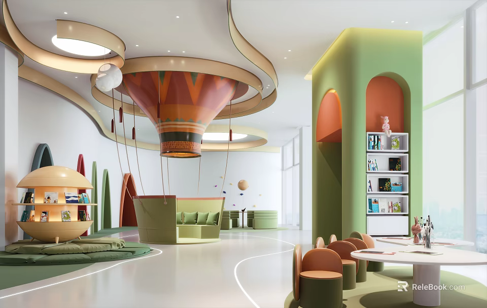 Modern Leisure Area Interior Design With Circular Ceiling Decor Green Sofa And Orange Chairs 3d model 